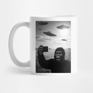 Funny Scared Bigfoot Selfie with UFOs in African Savanna Mug